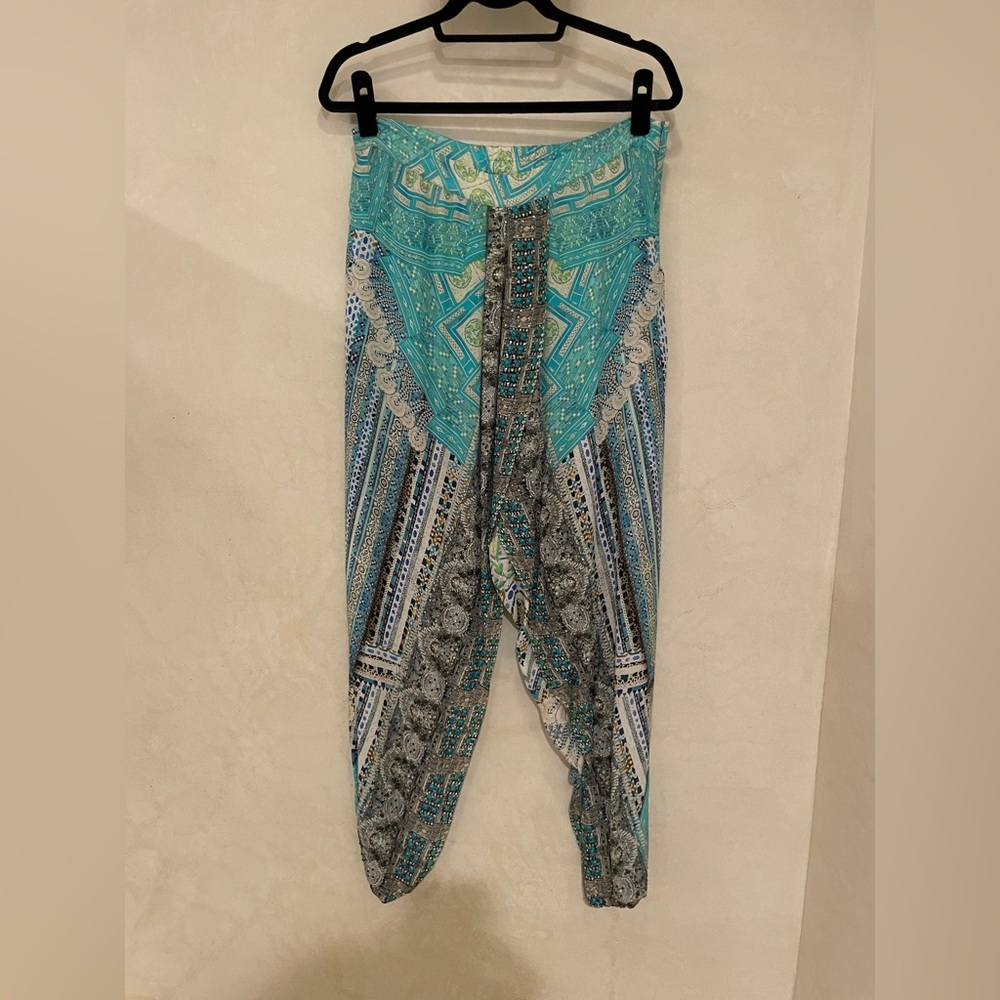 Camilla Franks, Multi Wrap Over Harem Pant, Topkapsi Sky, 100% Silk, Size 3